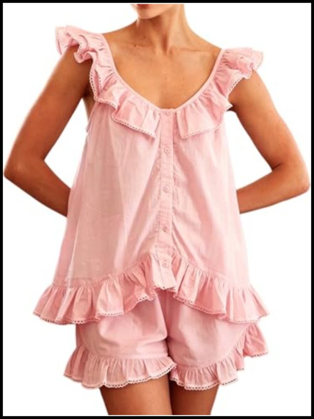 Womens Cotton Ruffle Pajama Set Tank Top Shorts Sleepwear